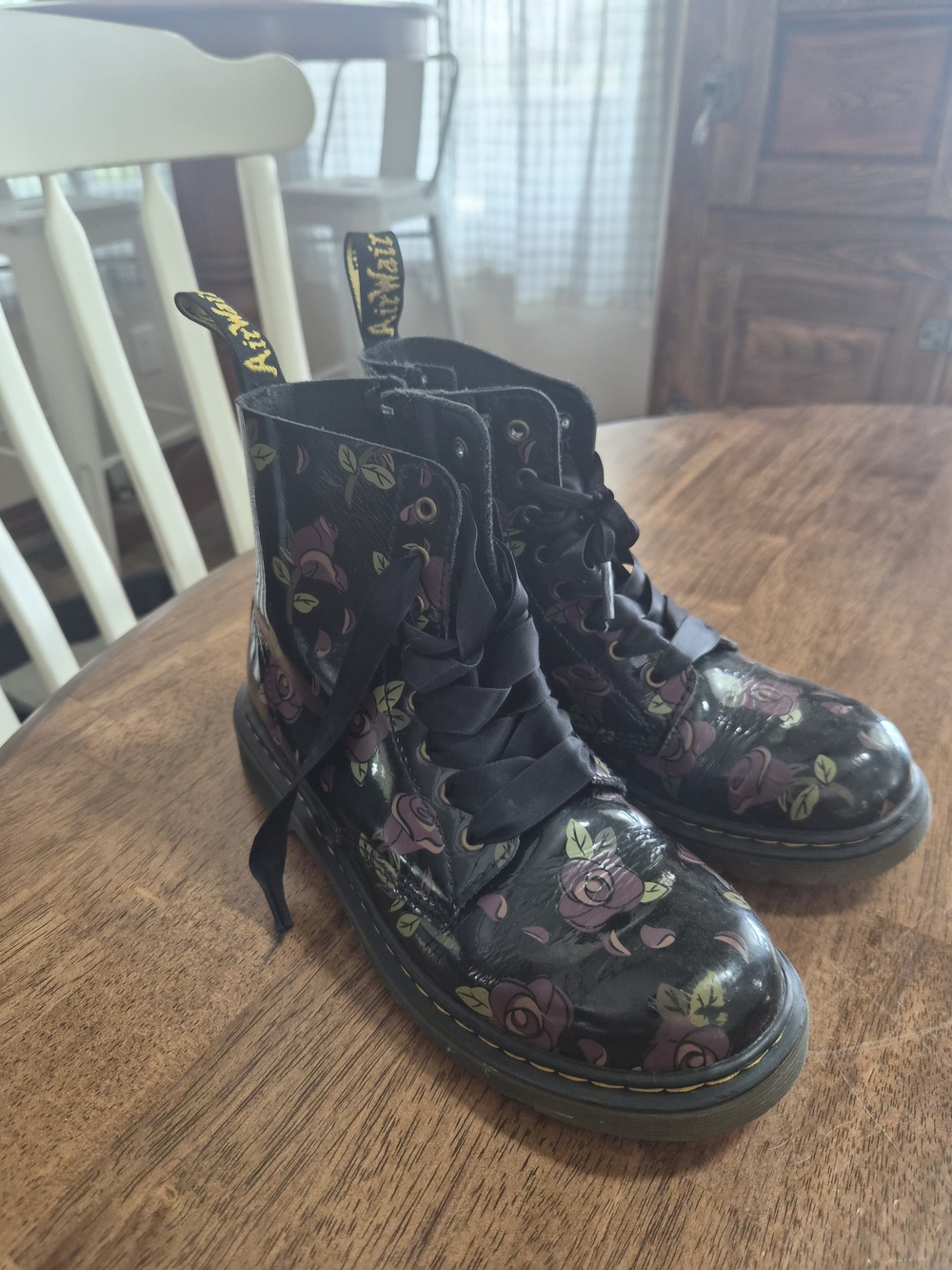 Dr. Martens Black Leather Combat Boots with Pink Rose Print